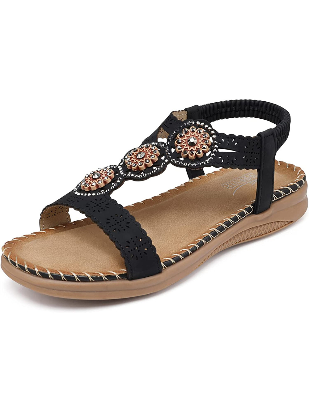 Size 10.5 (EU 41) Sandals for Women, Bohemian Flat Rhinestone Comfortable Beaded